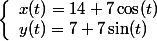 \left\{\begin{array}{l}x(t)=14+7\cos(t)\\ y(t)=7+7\sin(t)\end{array} 